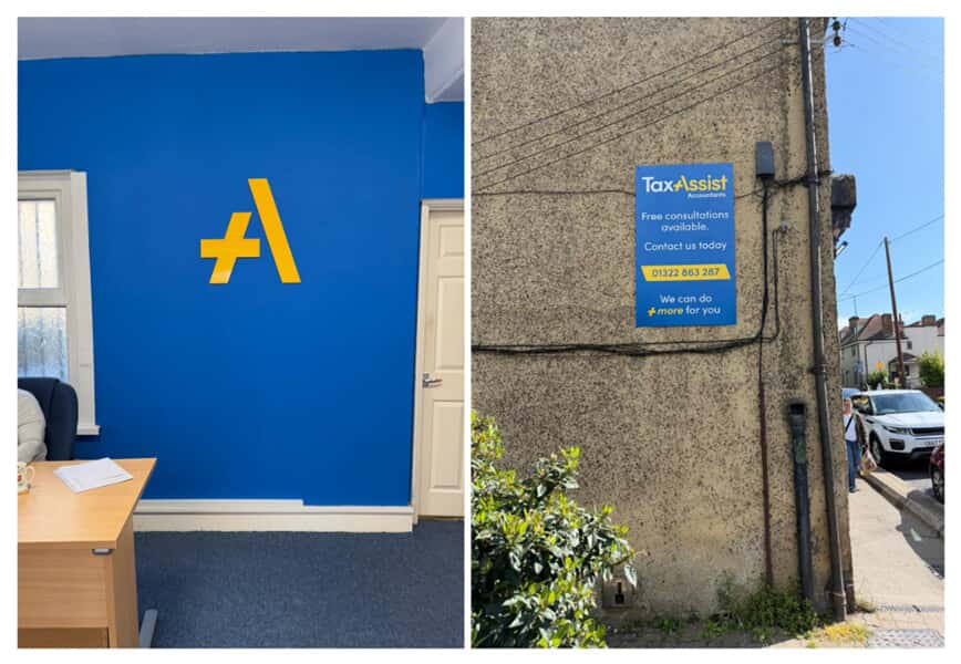 A collage of the TaxAssist interior and exterior signage.